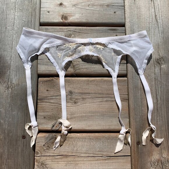 Vintage Garter Belt Suspenders Claws Ivory Sheer Embroidered Mesh - Picture 4 of 8